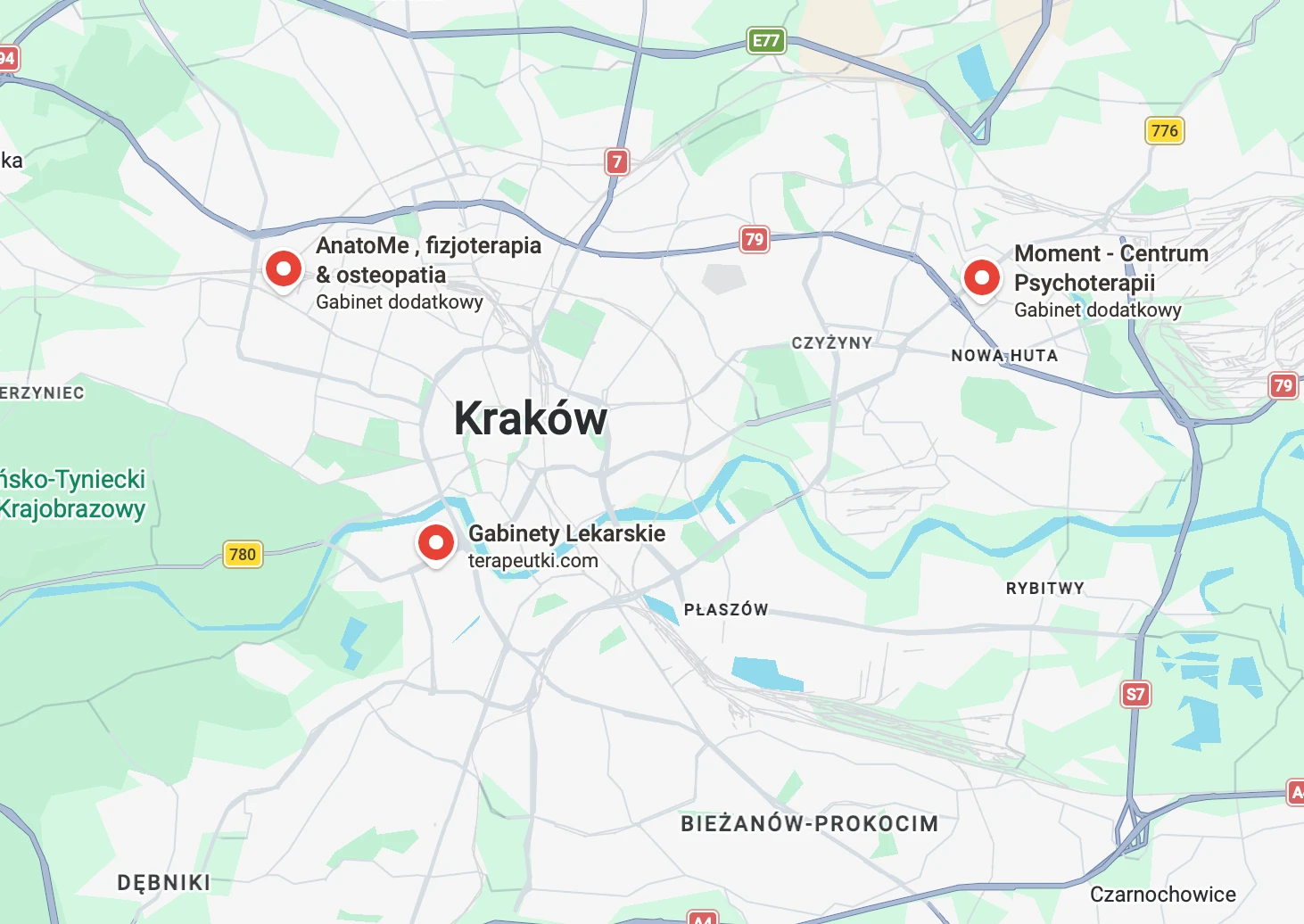 Mapa z lokalizacjami trzech gabinetów w Krakowie: Gabinet główny, Moment, AnatoMe
